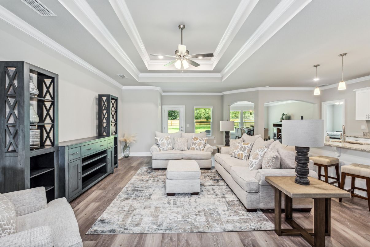 Interior, Living room, Pendant Lights, Recessed Lighting, Wood Texture Flooring