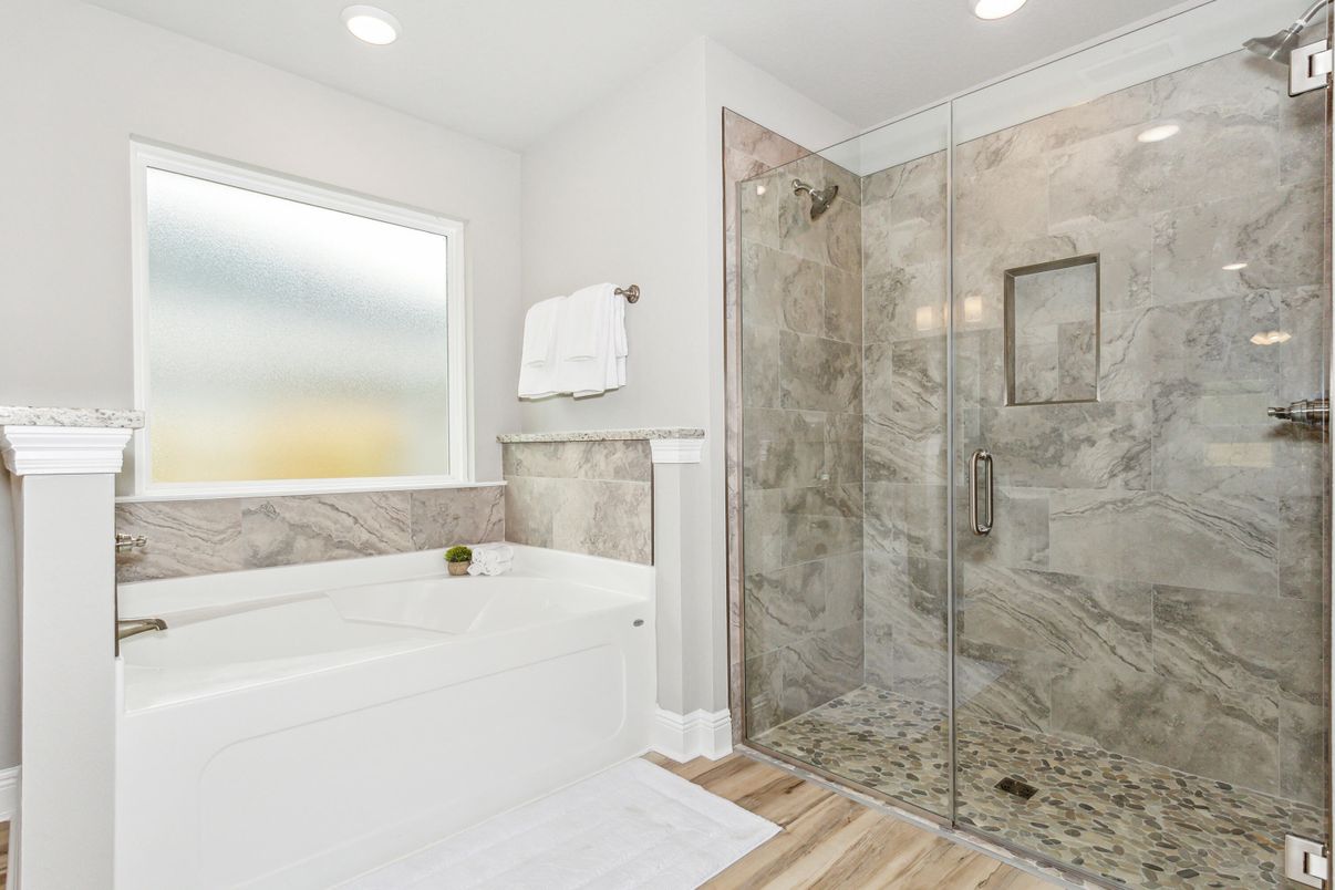 Bathroom, Glass Shower, Interior, Marble Walls, Recessed Lighting, Wood Texture Flooring