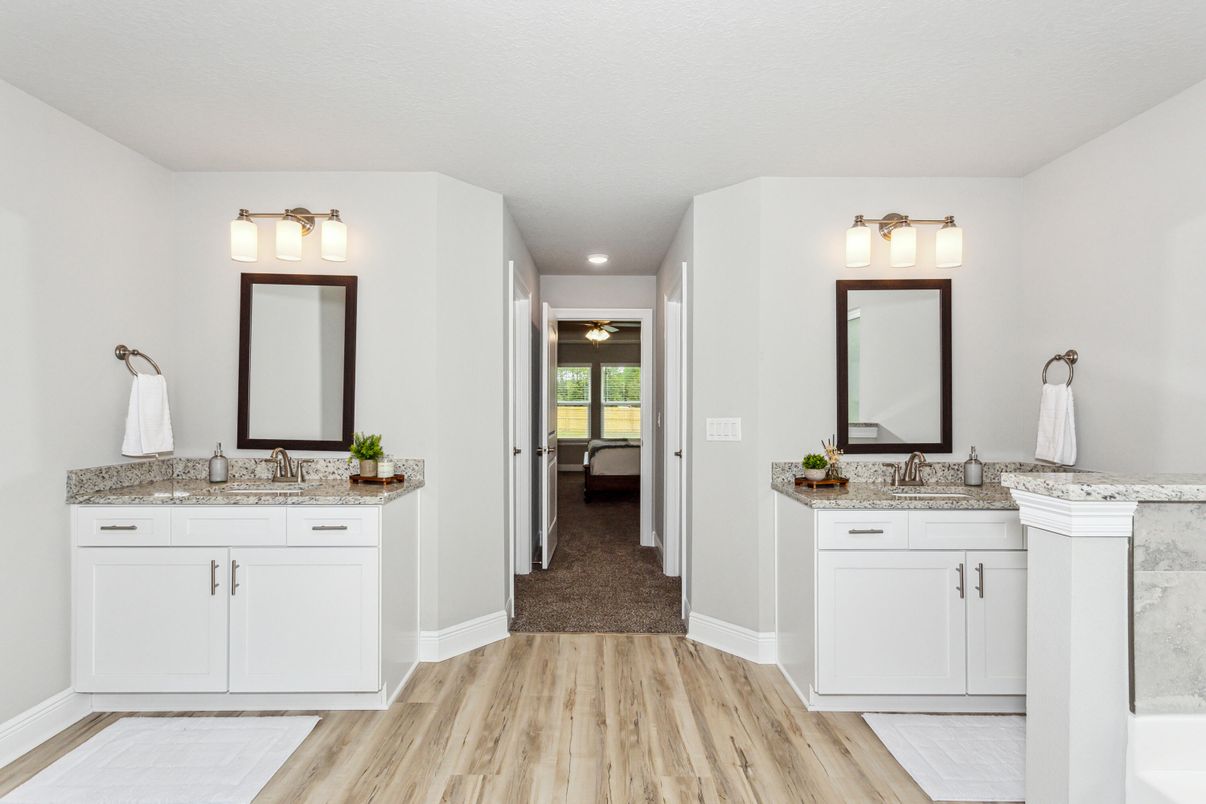 Bathroom, Dual Sink Vanities, Interior, Recessed Lighting, Wood Texture Flooring