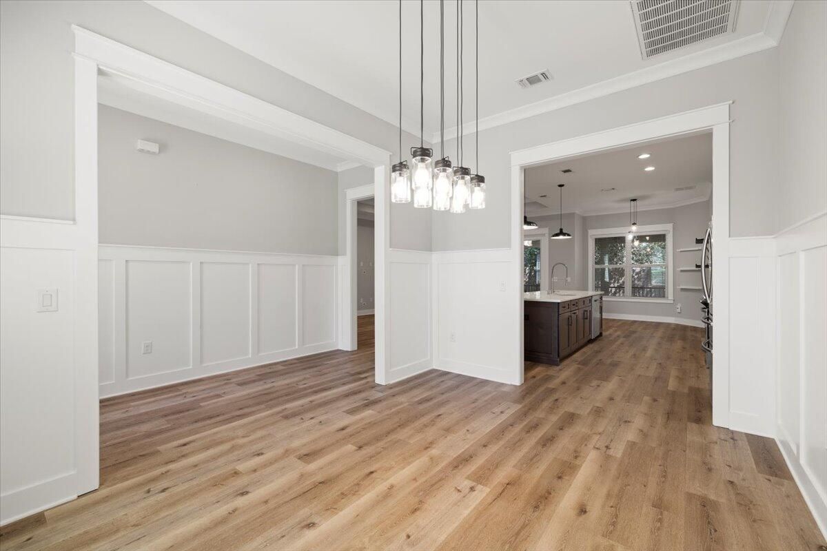 Empty room, Interior, Pendant Lights, Recessed Lighting, Wood Texture Flooring