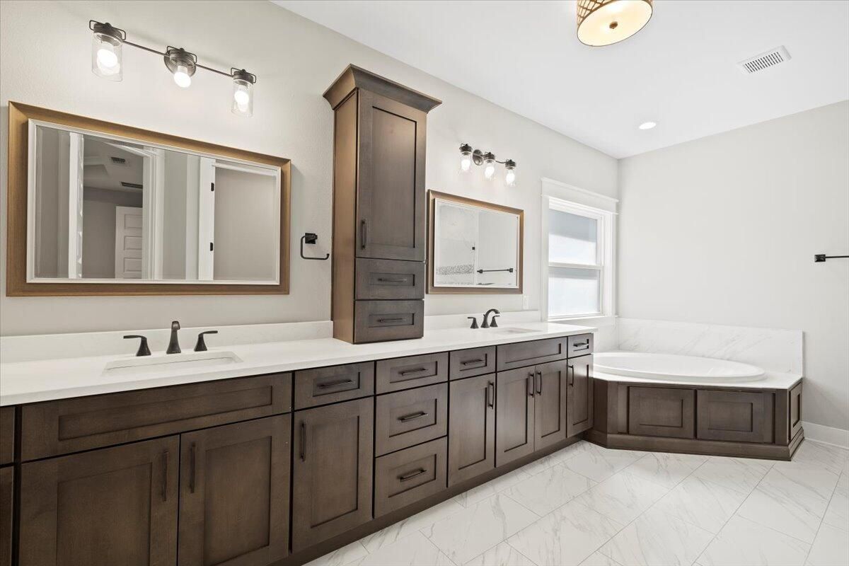 Bathroom, Dual Sink Vanities, Interior, Marble, Recessed Lighting