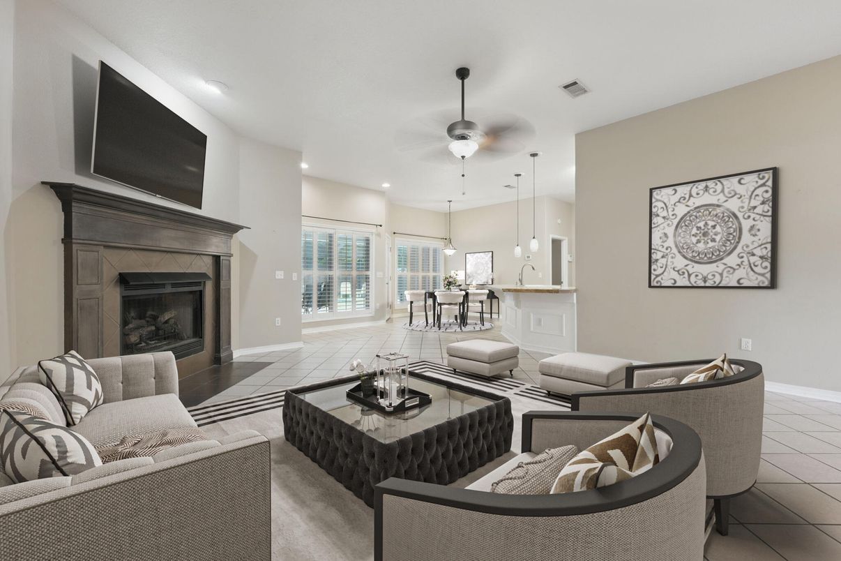 Dining room, Fireplace, Interior, Living room, Pendant Lights, Recessed Lighting