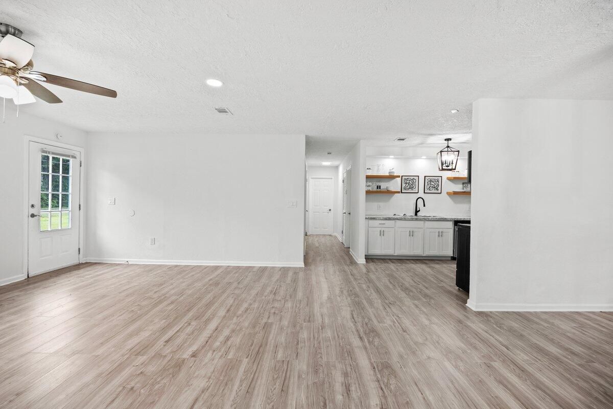 Empty room, Interior, Kitchen, Pendant Lights, Recessed Lighting, Wood Texture Flooring