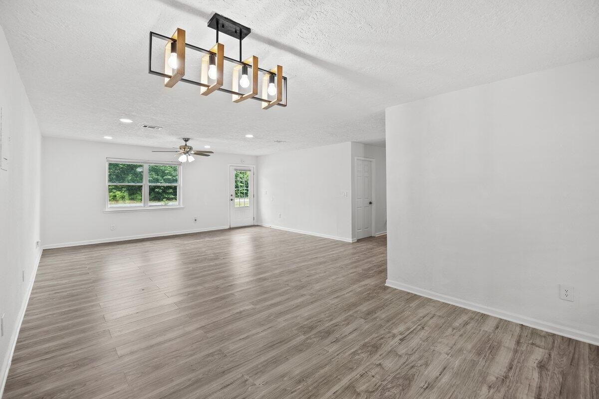 Empty room, Interior, Pendant Lights, Recessed Lighting, Wood Texture Flooring