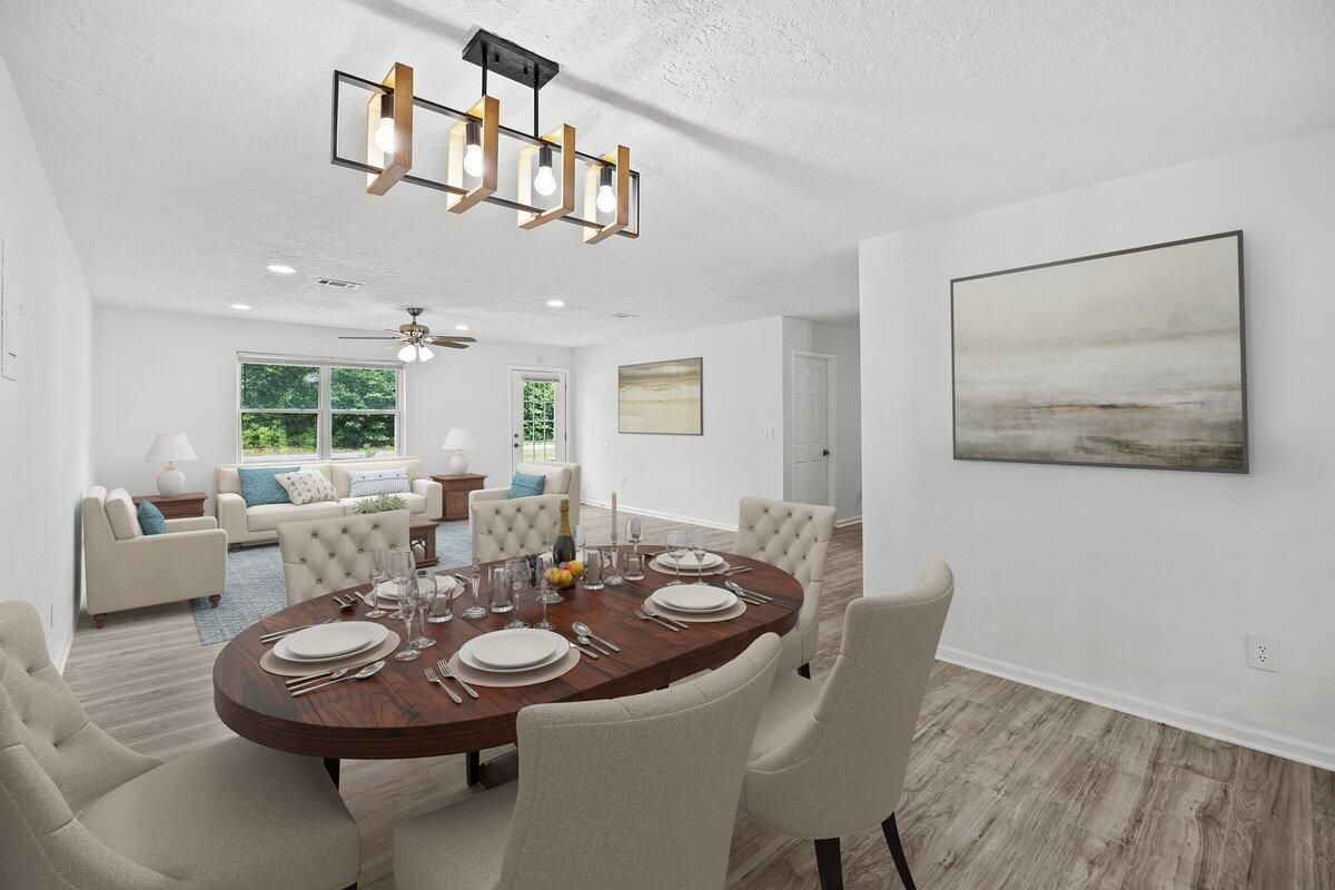 Dining room, Interior, Living room, Pendant Lights, Recessed Lighting, Wood Texture Flooring