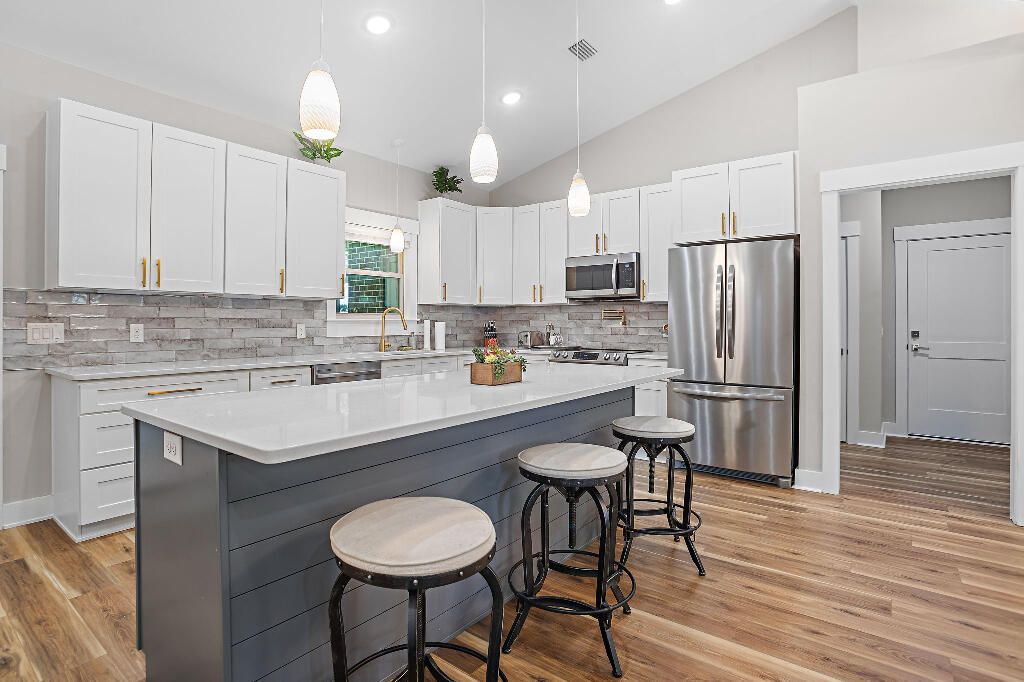 Interior, Kitchen, Pendant Lights, Recessed Lighting, Stainless Steel Appliances, Wood Texture Flooring