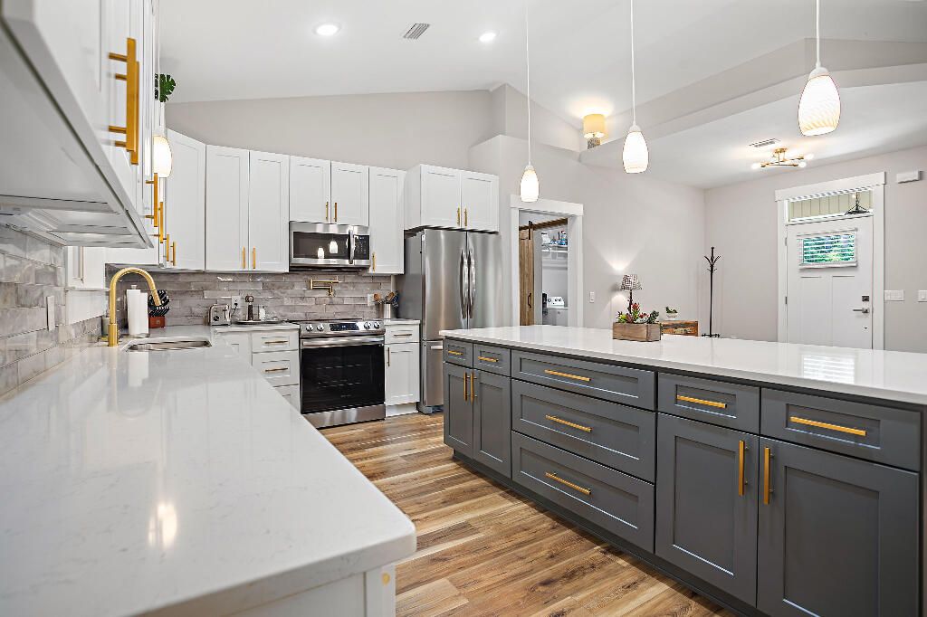 Interior, Kitchen, Pendant Lights, Recessed Lighting, Stainless Steel Appliances, Wood Texture Flooring