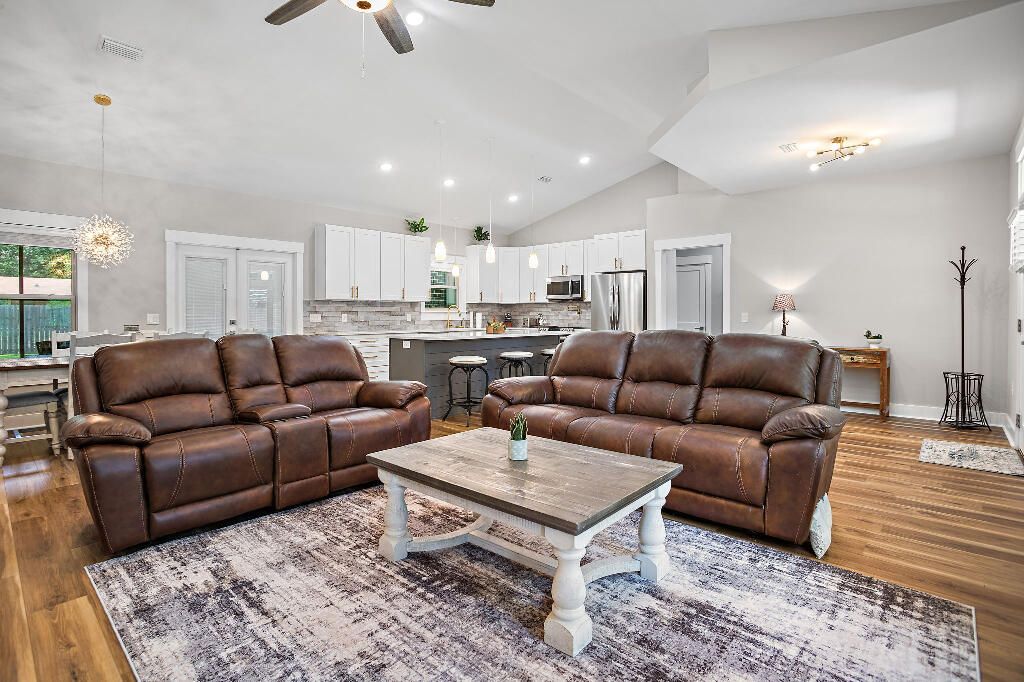 Dining room, Interior, Kitchen, Living room, Pendant Lights, Recessed Lighting, Stainless Steel Appliances, Wood Texture Flooring