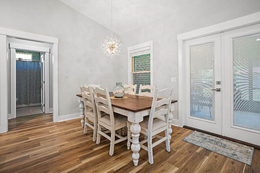 Chandelier, Dining room, Interior, Pendant Lights, Wood Texture Flooring
