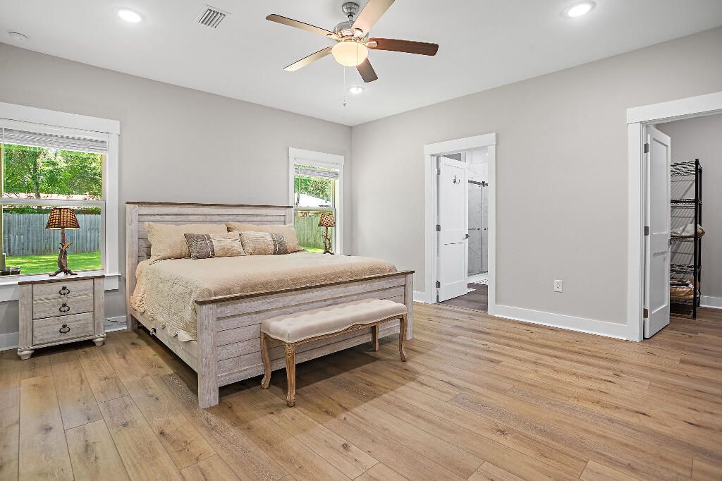 Bedroom, Interior, Recessed Lighting, Wood Texture Flooring