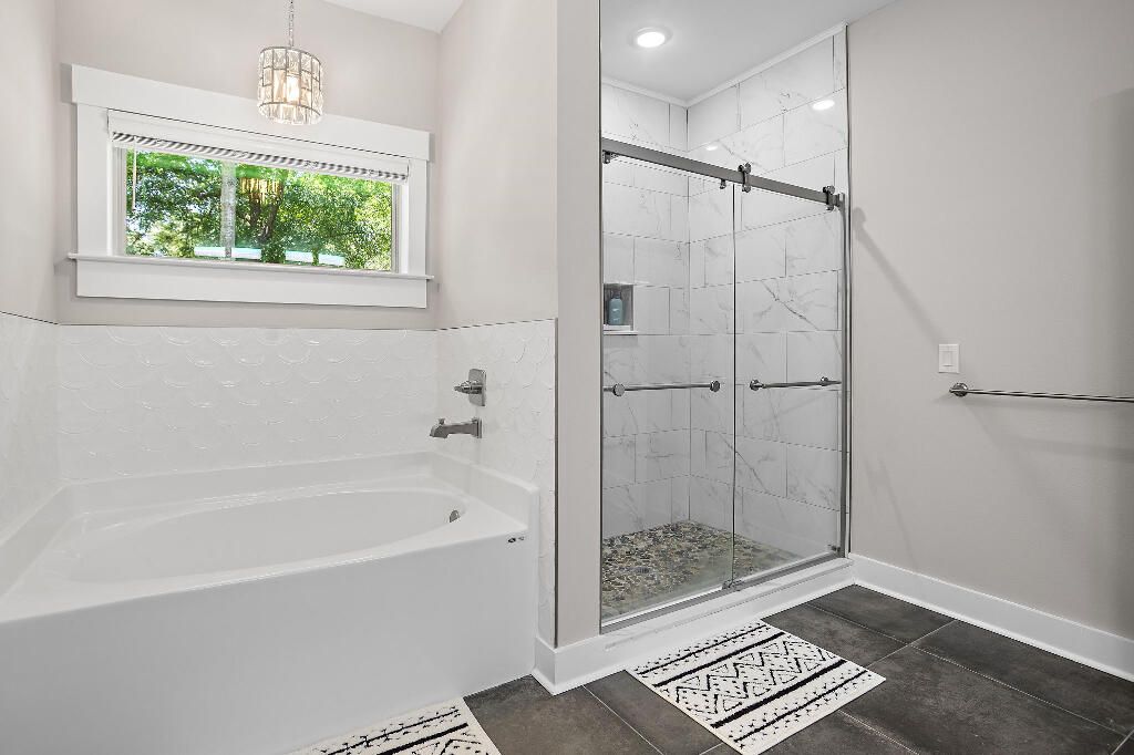 Bathroom, Glass Shower, Interior, Marble Walls, Pendant Lights, Recessed Lighting