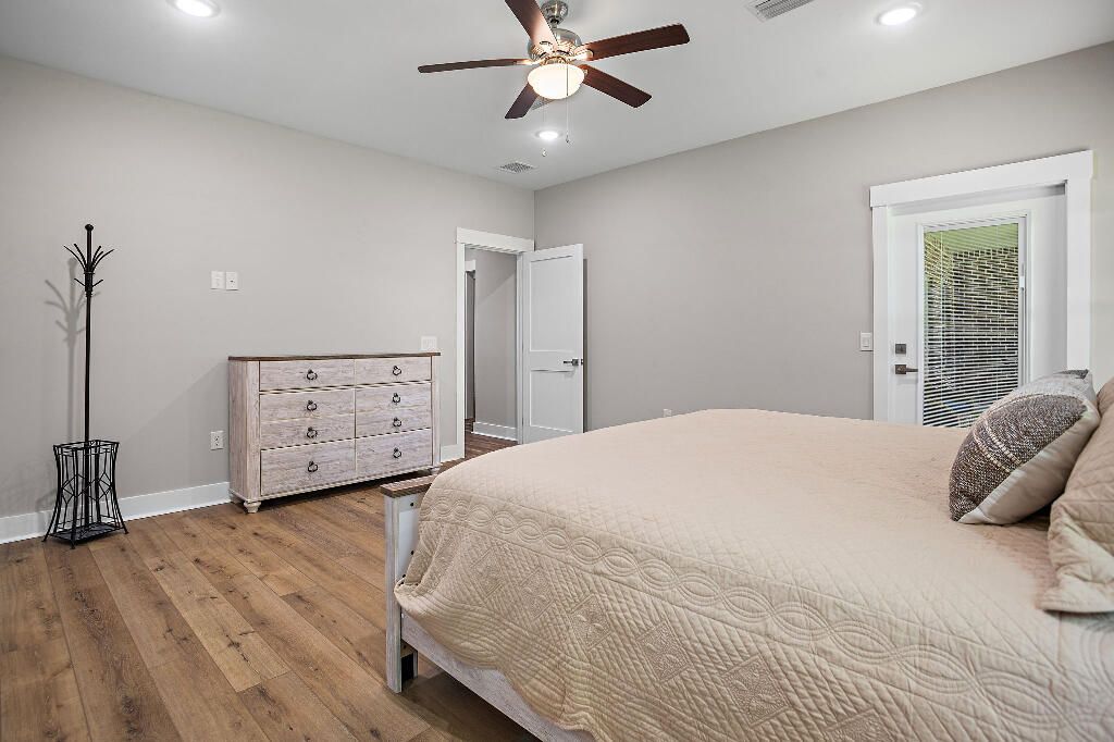 Bedroom, Interior, Recessed Lighting, Wood Texture Flooring