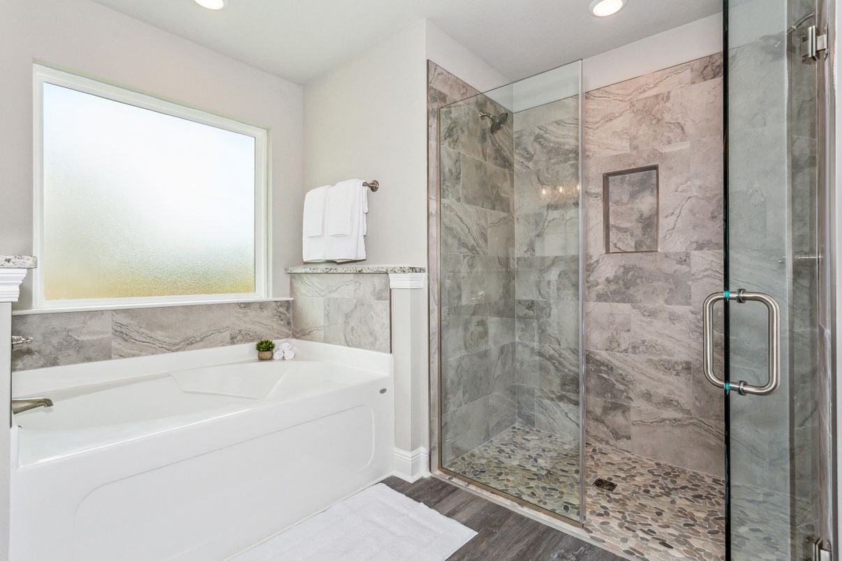 Bathroom, Glass Shower, Interior, Marble Walls, Recessed Lighting, Wood Texture Flooring
