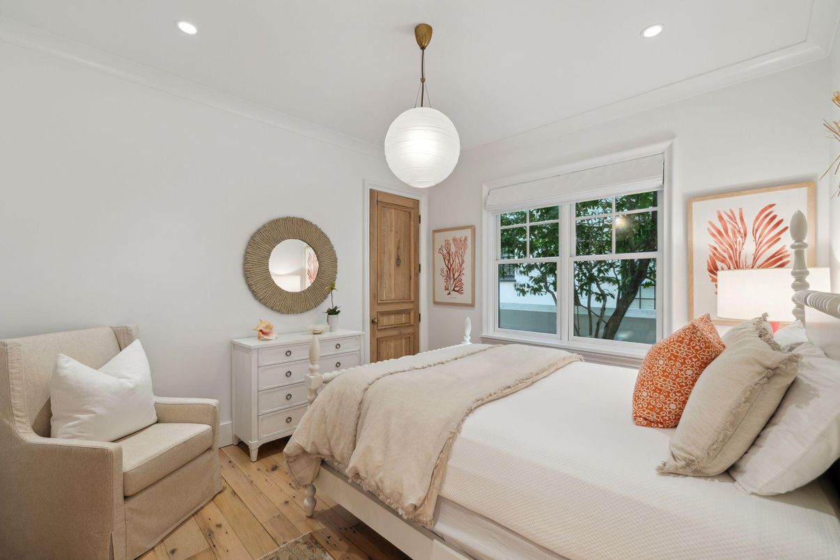 Bedroom, Interior, Pendant Lights, Recessed Lighting, Wood Texture Flooring