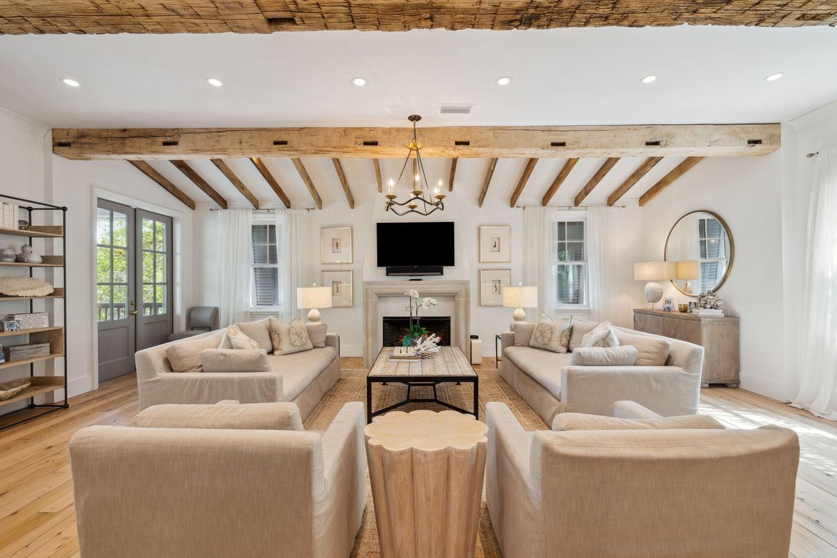Fireplace, Interior, Living room, Pendant Lights, Recessed Lighting, Wooden Beams, Wood Texture Flooring