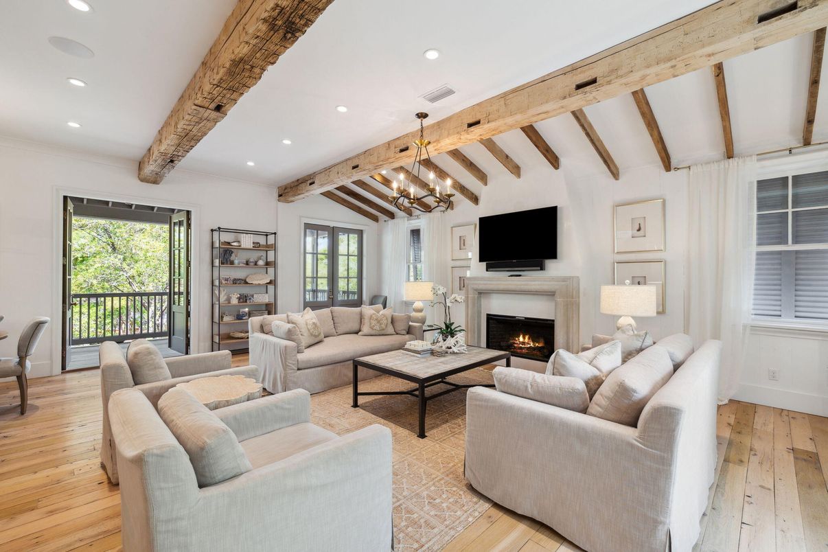 Fireplace, Interior, Living room, Pendant Lights, Recessed Lighting, Wooden Beams, Wood Texture Flooring