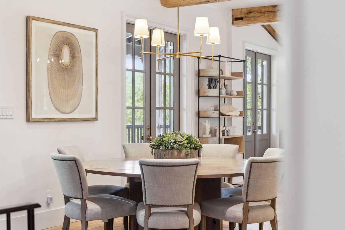 Chandelier, Dining room, Interior, Wooden Beams