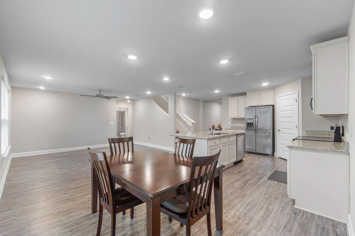 Dining room, Interior, Kitchen, Recessed Lighting, Wood Texture Flooring