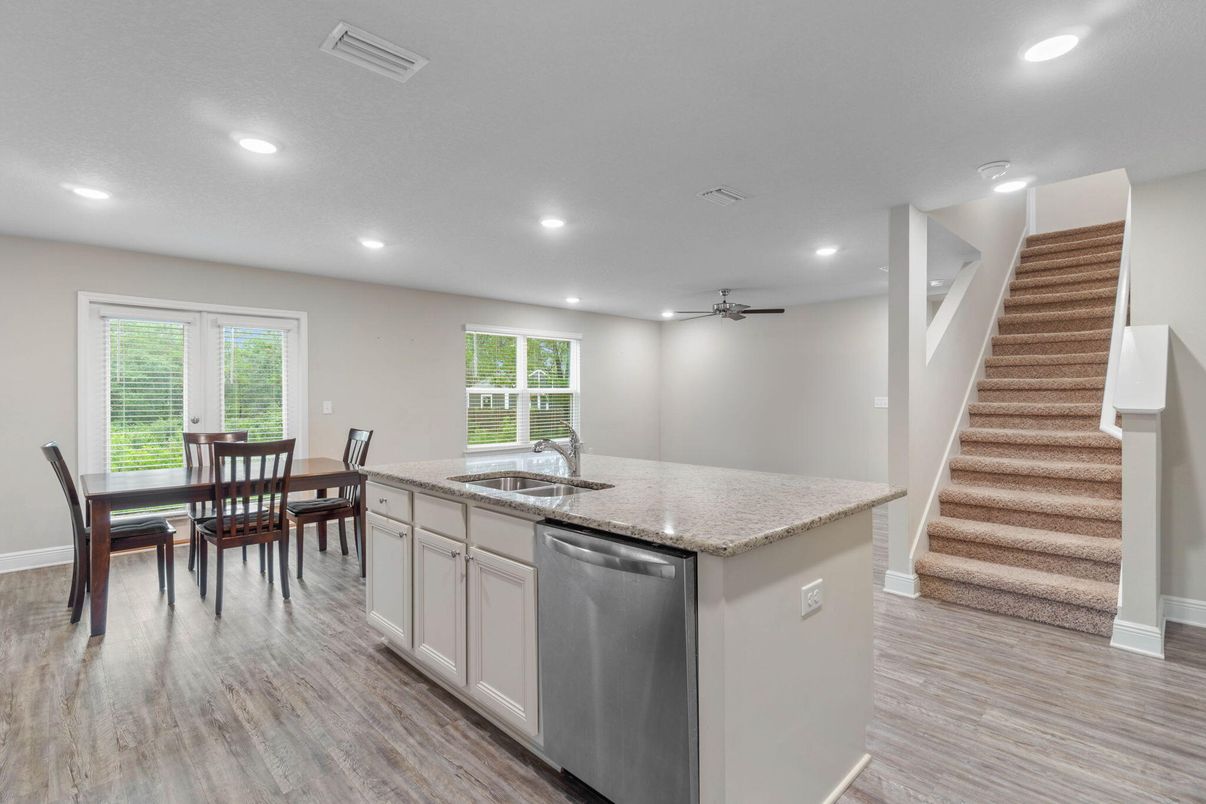 Dining room, Interior, Kitchen, Recessed Lighting, Wood Texture Flooring