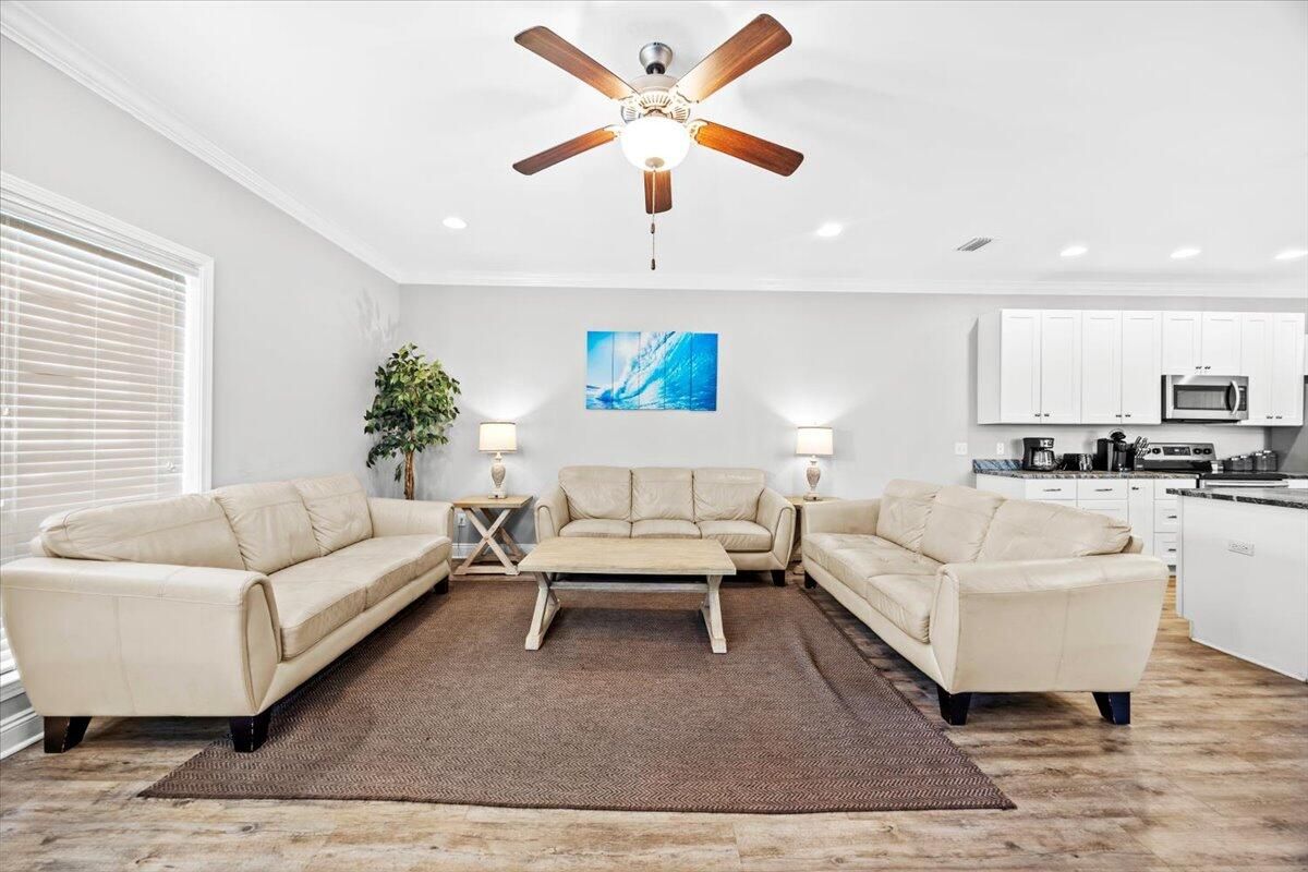 Interior, Kitchen, Living room, Recessed Lighting, Stainless Steel Appliances, Wood Texture Flooring