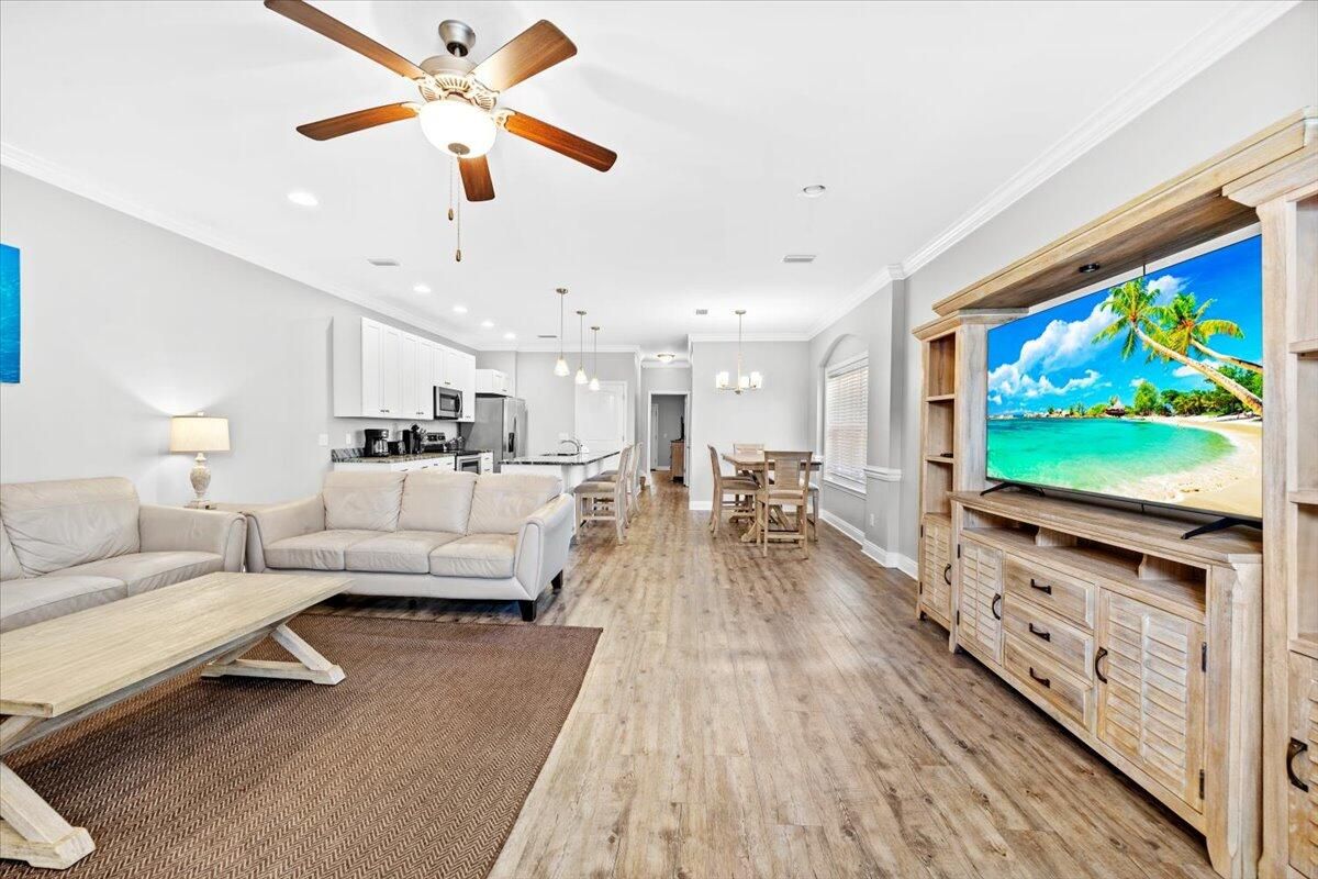 Dining room, Interior, Kitchen, Living room, Pendant Lights, Recessed Lighting, Stainless Steel Appliances, Wood Texture Flooring