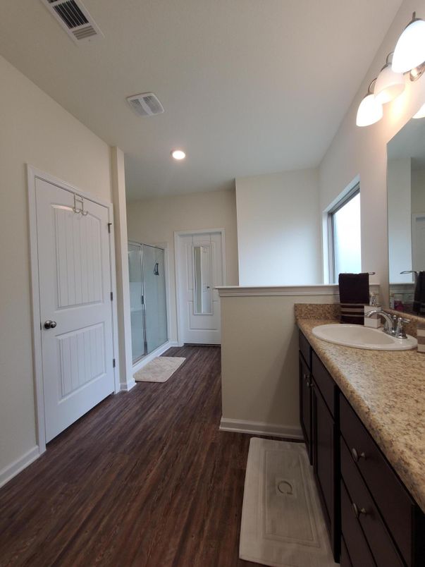 Bathroom, Interior, Recessed Lighting, Wood Texture Flooring
