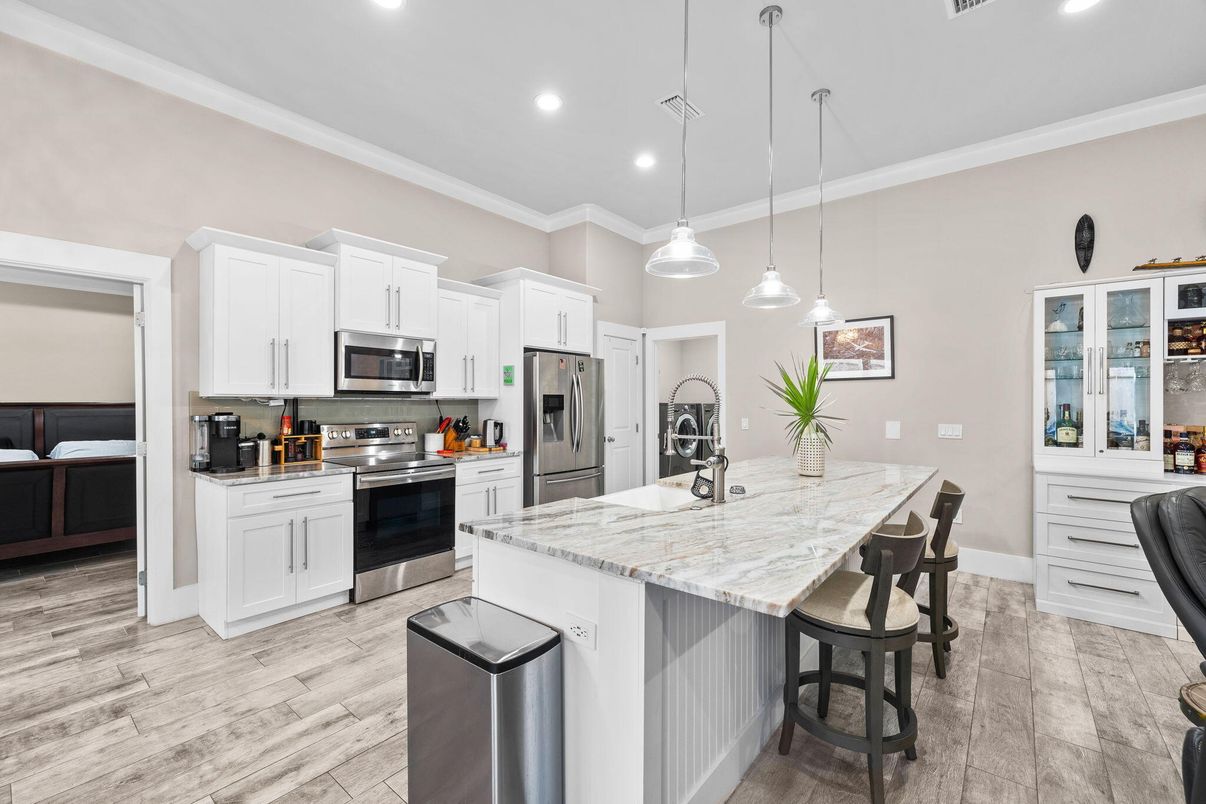 Interior, Kitchen, Pendant Lights, Recessed Lighting, Stainless Steel Appliances, Wood Texture Flooring