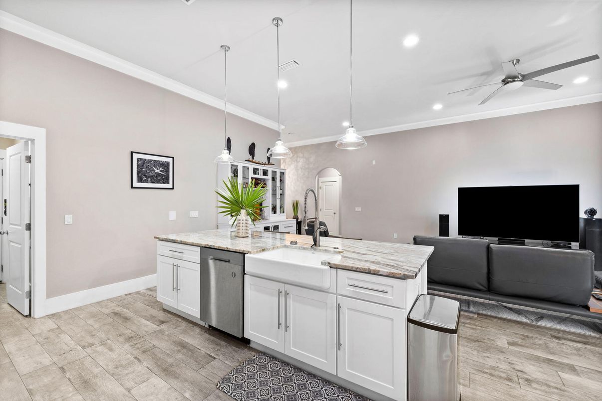 Interior, Kitchen, Pendant Lights, Recessed Lighting, Stainless Steel Appliances, Wood Texture Flooring