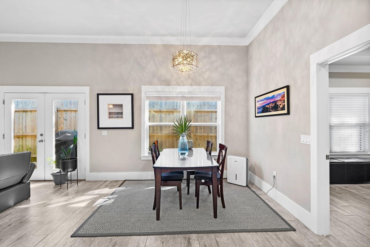 Dining room, Interior, Pendant Lights, Wood Texture Flooring
