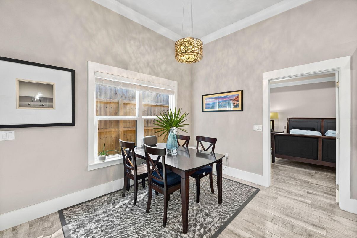 Bedroom, Dining room, Interior, Pendant Lights, Wood Texture Flooring