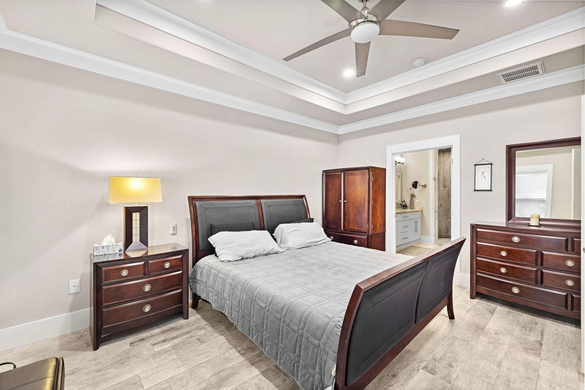 Bedroom, Interior, Recessed Lighting, Wood Texture Flooring