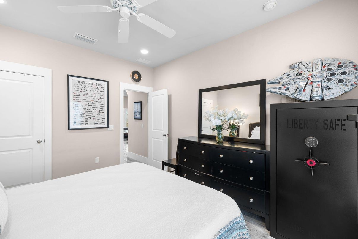 Bedroom, Interior, Recessed Lighting, Wood Texture Flooring