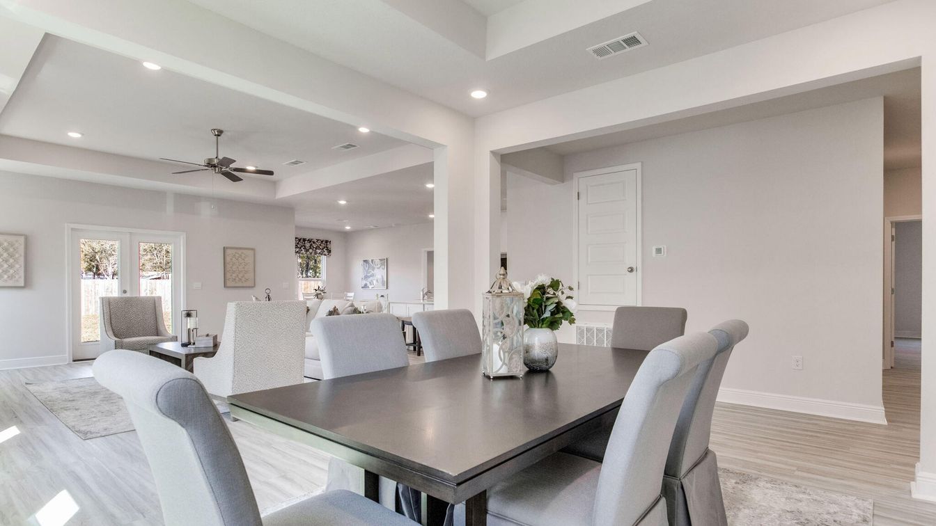 Dining room, Interior, Recessed Lighting, Wood Texture Flooring