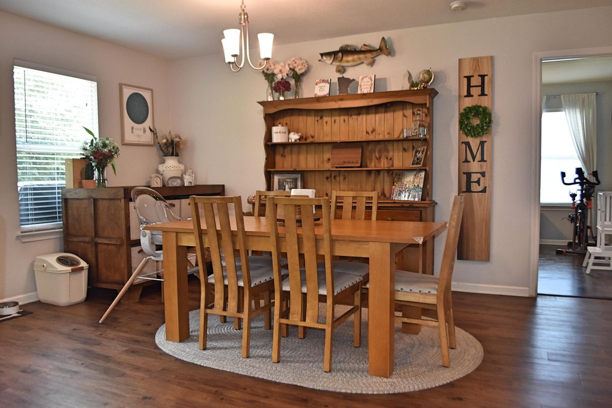 Dining room, Interior, Pendant Lights, Wood Texture Flooring
