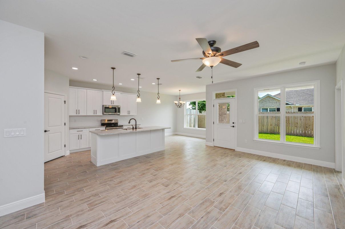 Chandelier, Empty room, Interior, Kitchen, Pendant Lights, Recessed Lighting, Wood Texture Flooring