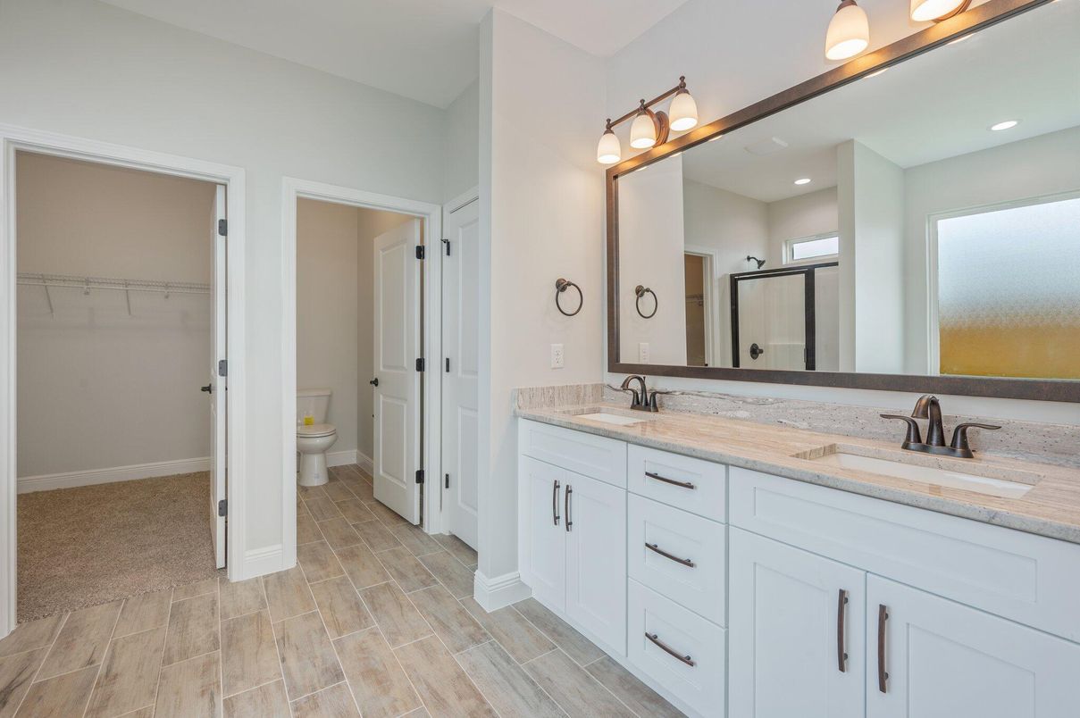 Bathroom, Dual Sink Vanities, Interior, Recessed Lighting, Wood Texture Flooring