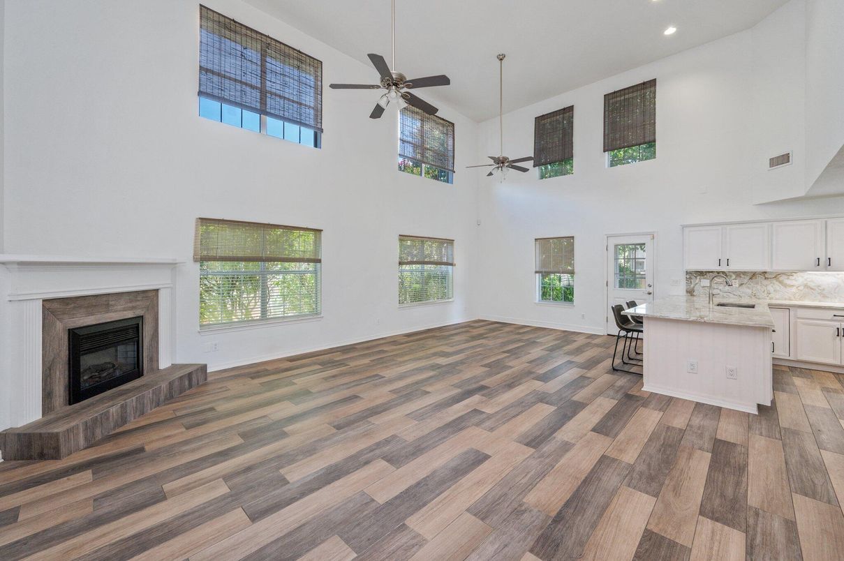 Fireplace, Interior, Kitchen, Recessed Lighting, Wood Texture Flooring