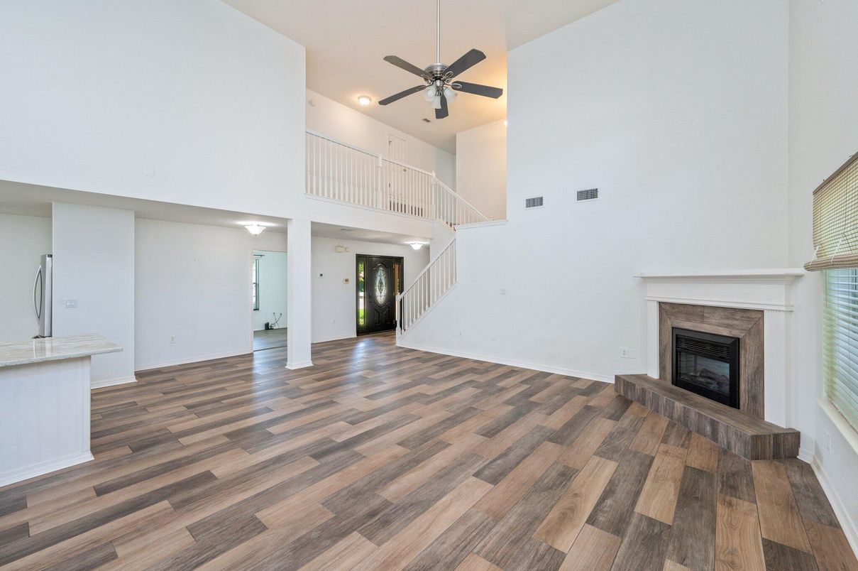 Fireplace, Interior, Recessed Lighting, Wood Texture Flooring