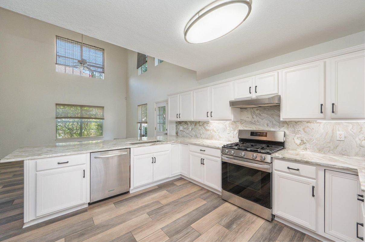 Interior, Kitchen, Marble Walls, Stainless Steel Appliances, Wood Texture Flooring
