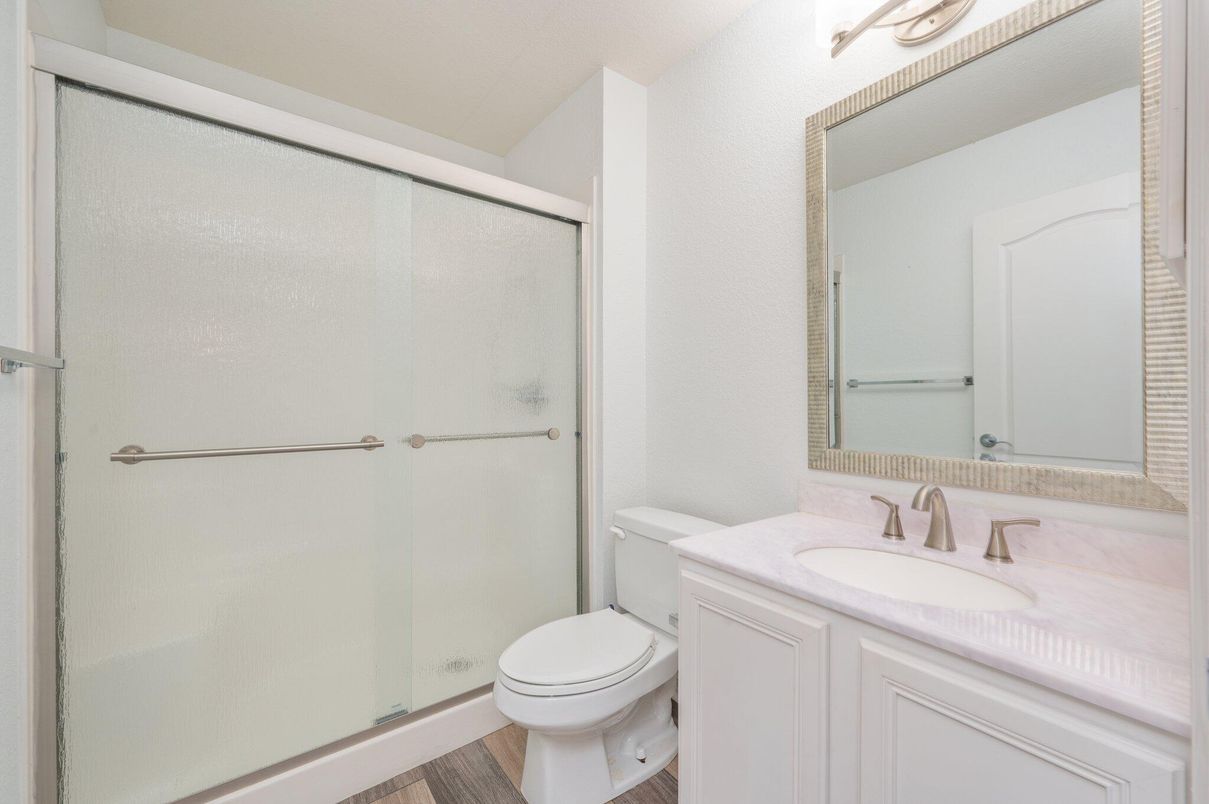Bathroom, Glass Shower, Interior, Wood Texture Flooring