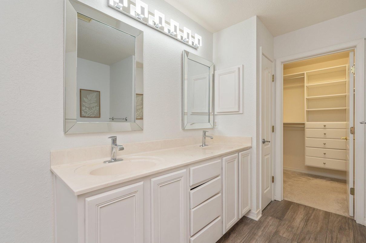Bathroom, Dual Sink Vanities, Interior, Walk-in Closets, Wood Texture Flooring
