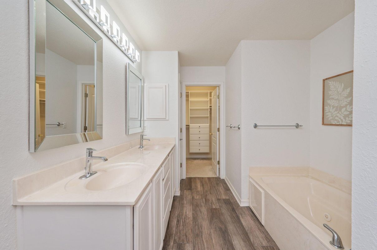 Bathroom, Dual Sink Vanities, Interior, Walk-in Closets, Wood Texture Flooring