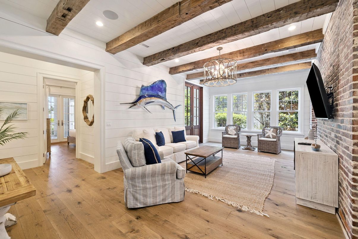 Interior, Living room, Pendant Lights, Recessed Lighting, Stone Walls, Wooden Beams, Wood Texture Flooring