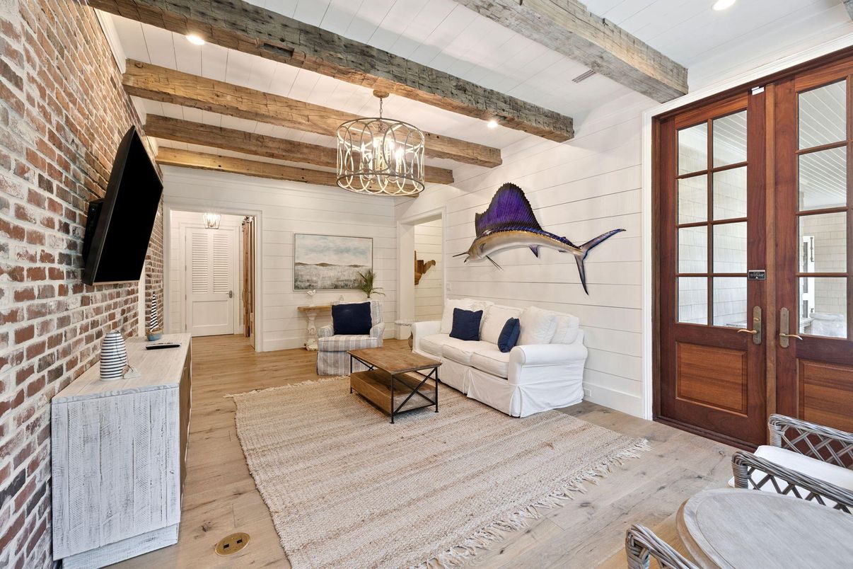 Chandelier, Interior, Living room, Recessed Lighting, Stone Walls, Wooden Beams, Wood Texture Flooring
