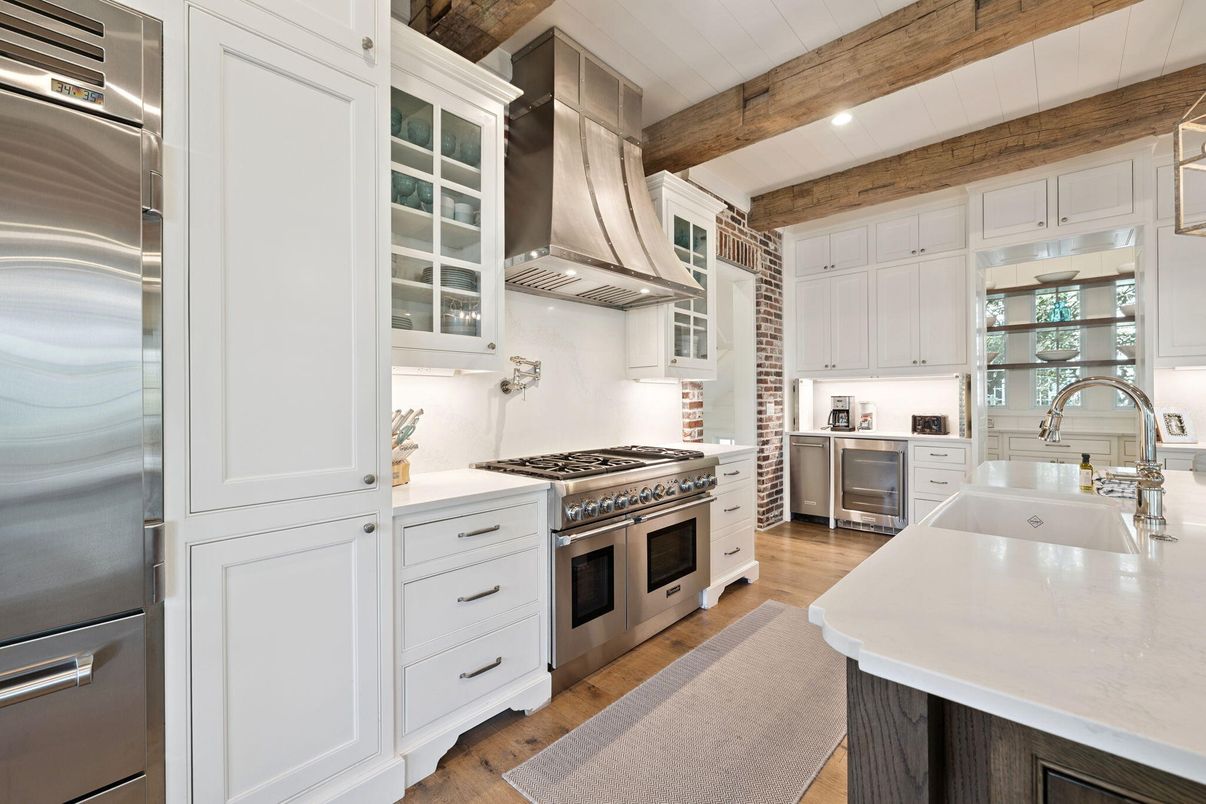 Interior, Kitchen, Recessed Lighting, Stainless Steel Appliances, Wooden Beams, Wood Texture Flooring