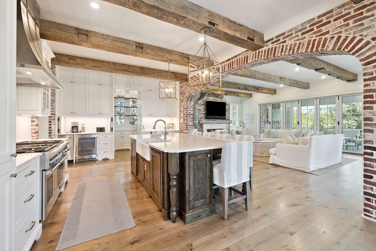 Interior, Kitchen, Living room, Pendant Lights, Recessed Lighting, Stainless Steel Appliances, Wooden Beams, Wood Texture Flooring