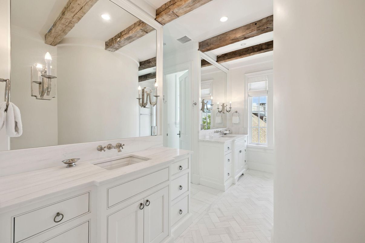 Bathroom, Dual Sink Vanities, Interior, Recessed Lighting, Wooden Beams