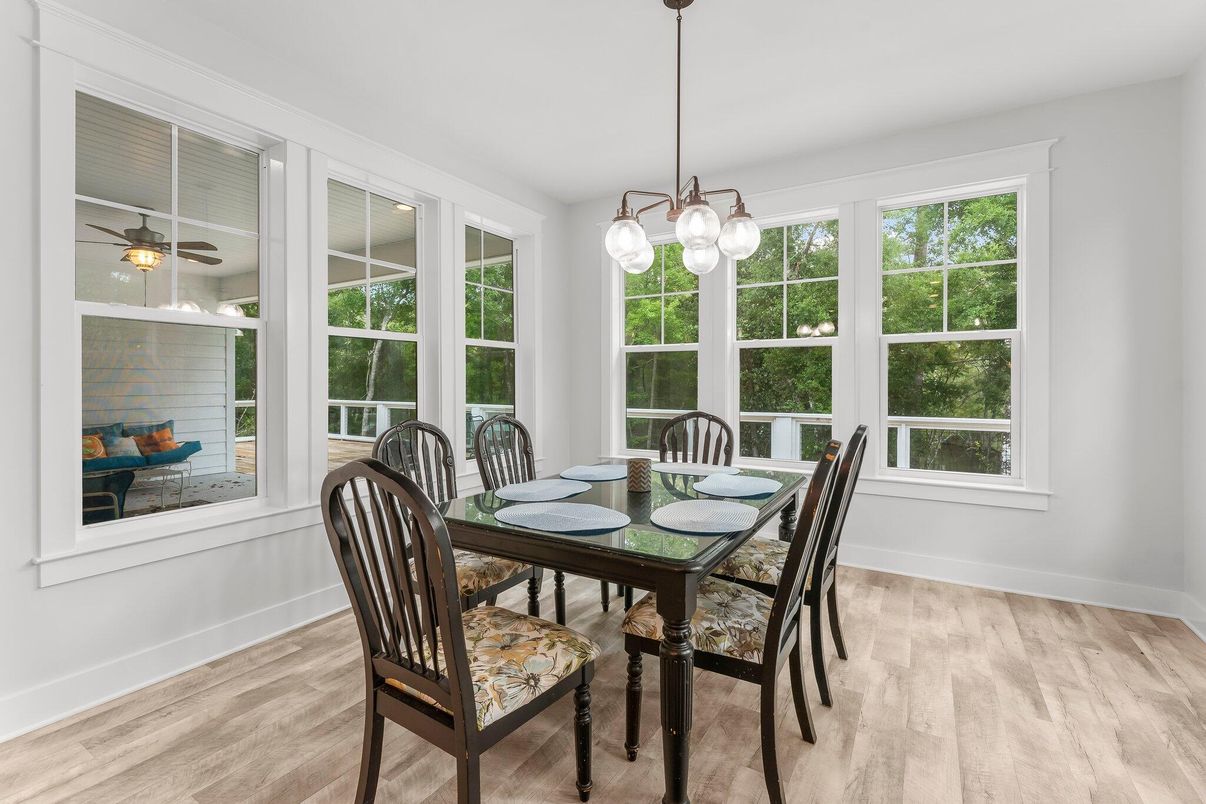Dining room, Interior, Pendant Lights, Wood Texture Flooring