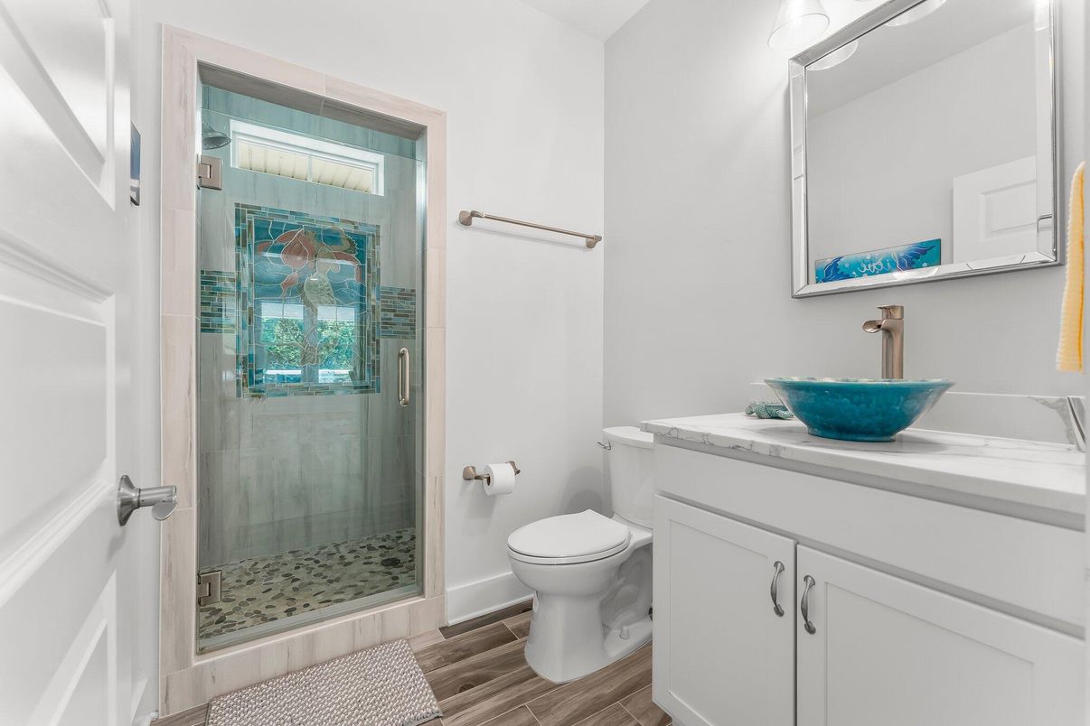 Bathroom, Glass Shower, Interior, Tile Countertops, Wood Texture Flooring