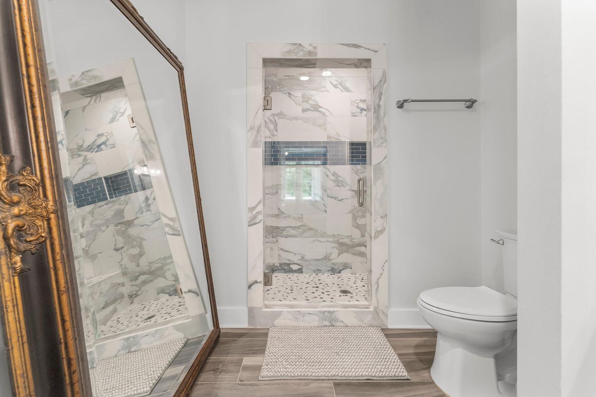 Bathroom, Glass Shower, Interior, Marble Walls, Wood Texture Flooring